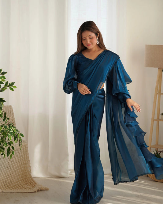 Teal Blue Jimmy Choo Organza Pre Draped Ready To Wear Saree