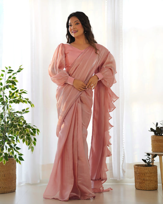 Peach Jimmy Choo Organza Pre Draped Ready To Wear Saree