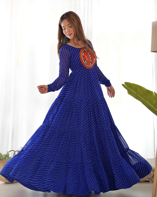 Royal Blue Laheriya Print With Gamthi Patch Work Navratri Gown