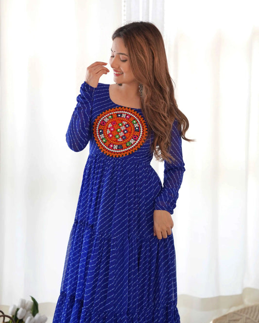 Royal Blue Laheriya Print With Gamthi Patch Work Navratri Gown