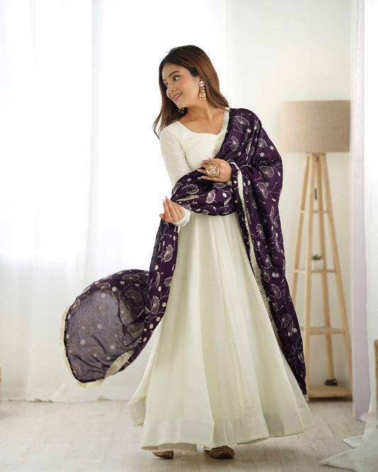 Wine And Off White Vichitra Silk Gown With Heavy Embroidery Work Dupatta