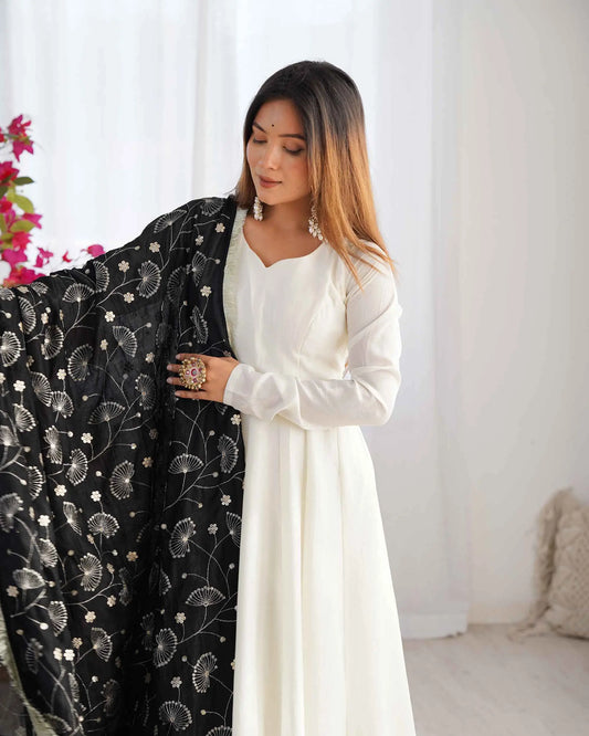 Black And Off White Vichitra Silk Gown With Heavy Embroidery Work Dupatta