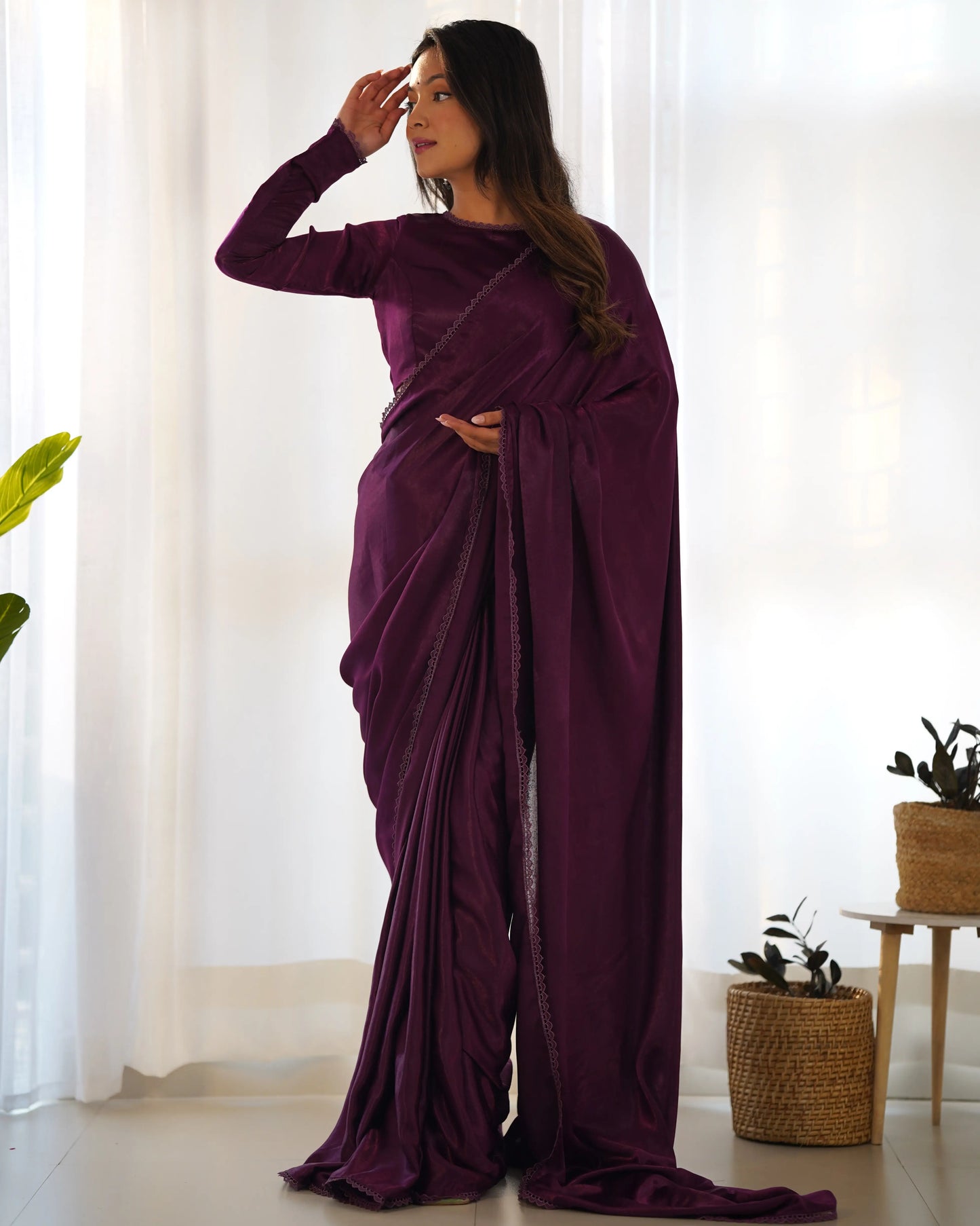 Wine Marble Velvet Pre Draped Ready To Wear Saree