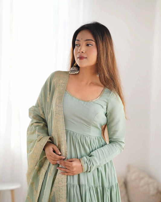 Pista Silk Gown With Jacquard Banarasi Dupatta