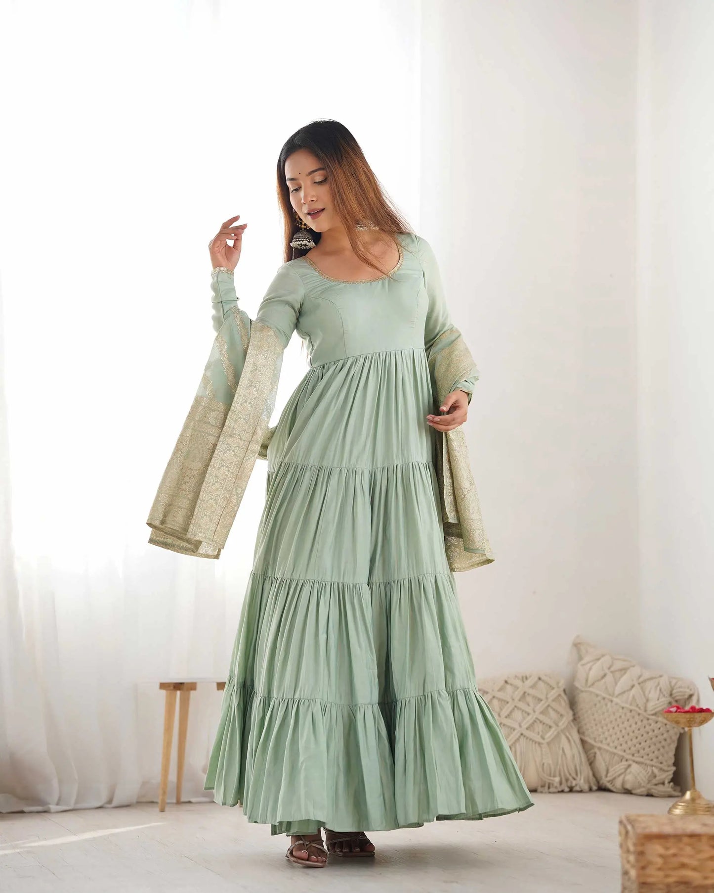 Pista Silk Gown With Jacquard Banarasi Dupatta