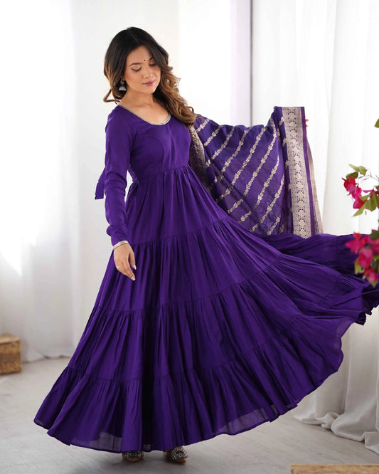 Dark Purple Silk Gown With Jacquard Banarasi Dupatta