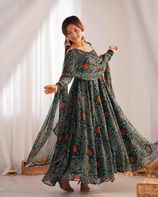 Dark Green Soft Light Weight Chiffon Bandhej Print Gown With Dupatta
