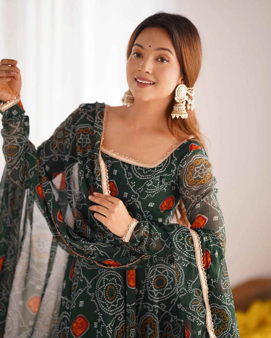 Dark Green Soft Light Weight Chiffon Bandhej Print Gown With Dupatta