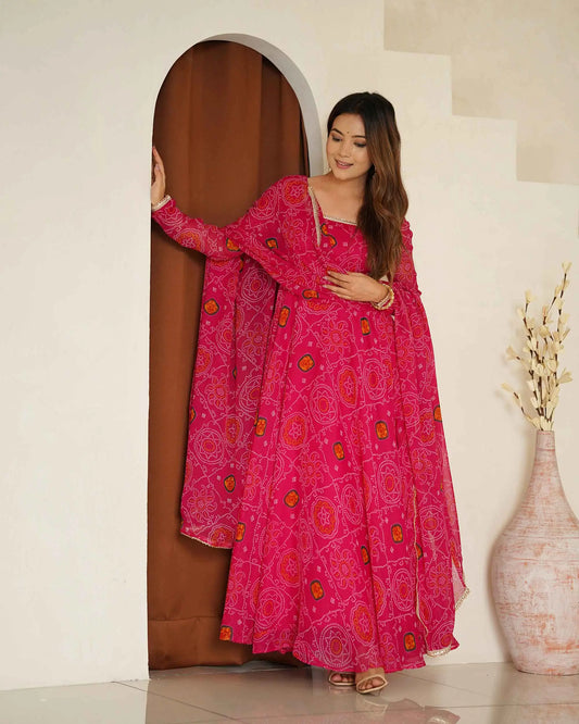 Pink Soft Light Weight Chiffon Bandhej Print Gown With Dupatta