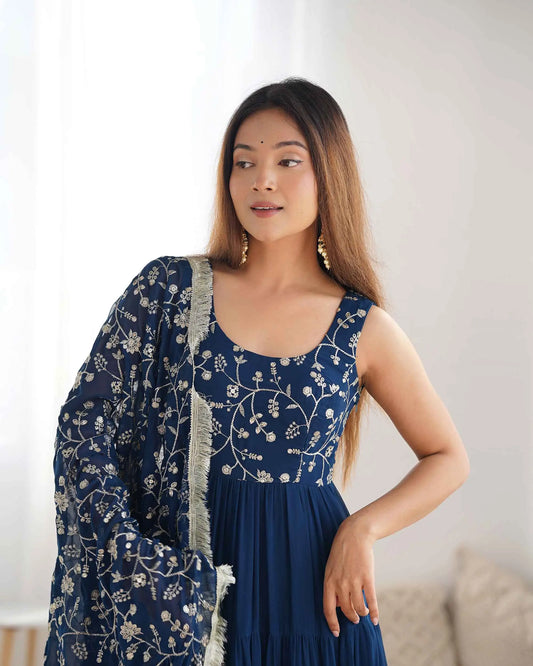 Teal Blue Georgette Empire Flair Gown With Heavy Embroidery Work Dupatta