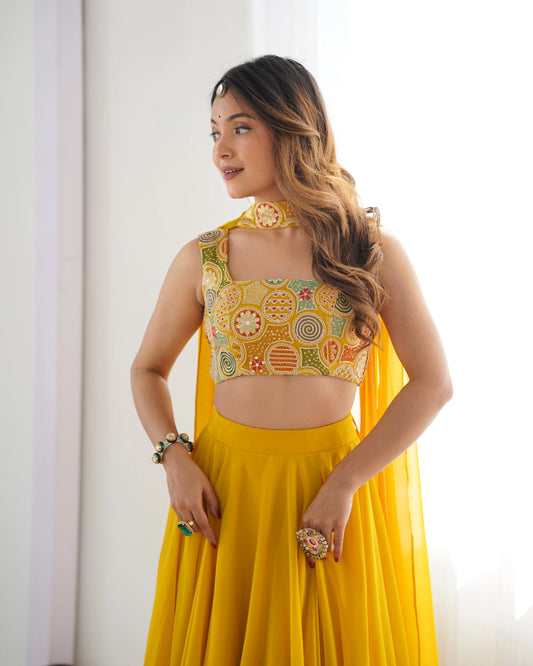 Yellow Georgette Lehenga With Embroidery Work With Neck Belt Dupatta
