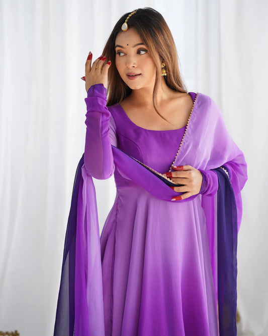 Purple With Colorful Padding Plain Georgette Gown With Dupatta