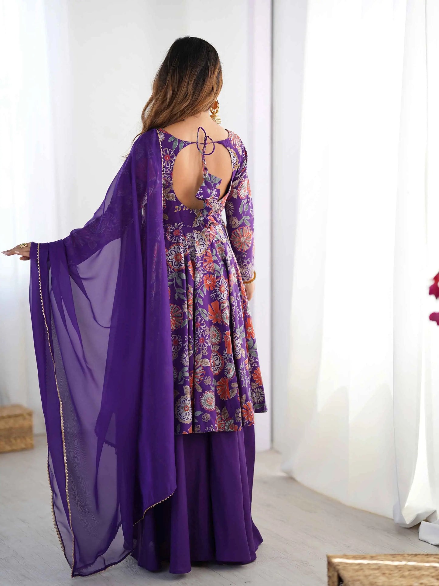 Purple Floral Print Kediya Style Kurta Set With Dupatta