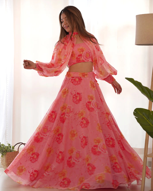 Dirty Pink Floral Print Indo Western With Detachable Sleeves And Lehenga