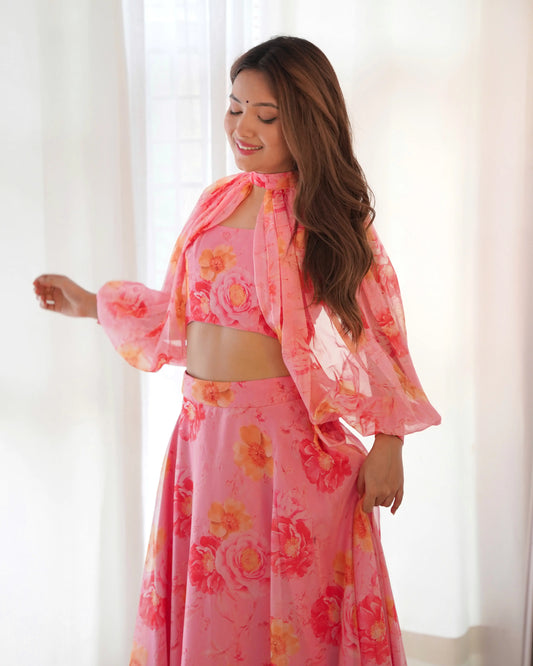 Dirty Pink Floral Print Indo Western With Detachable Sleeves And Lehenga