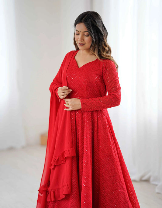 Red Lukhnowi Sequins Work Gown