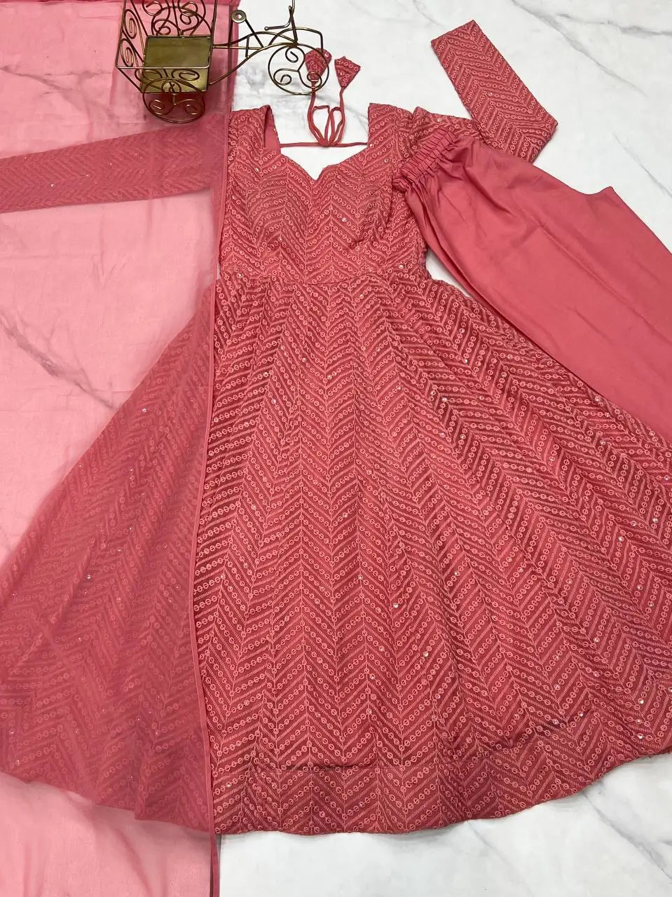 Peach Georgette lucknowi Sequins Work Gown With Ruffle Style Dupatta