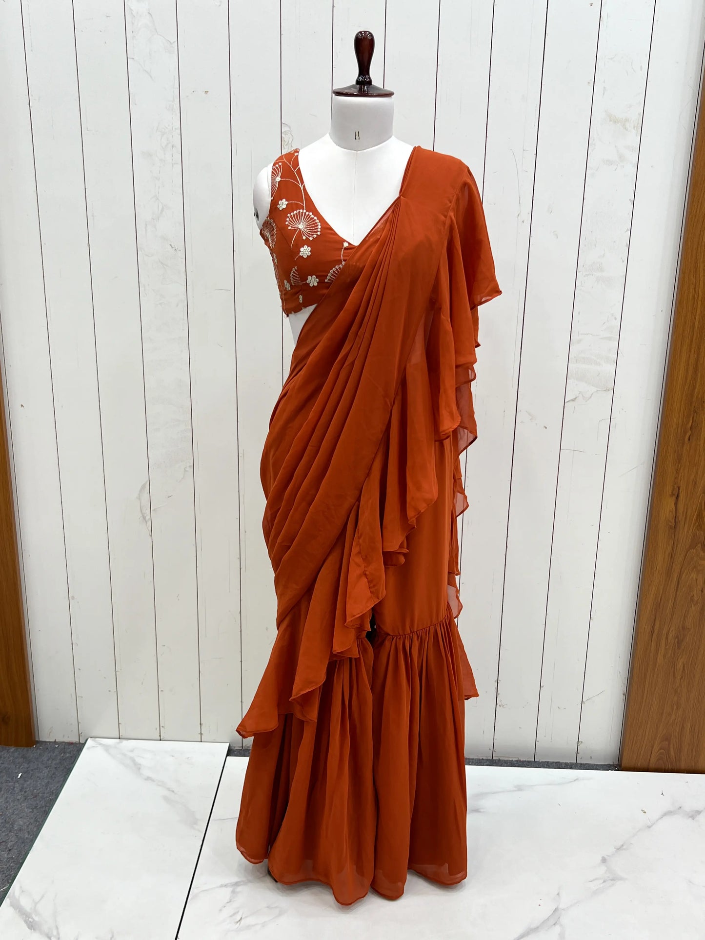 Rust Orange Georgette Ready To Wear Sharara Saree