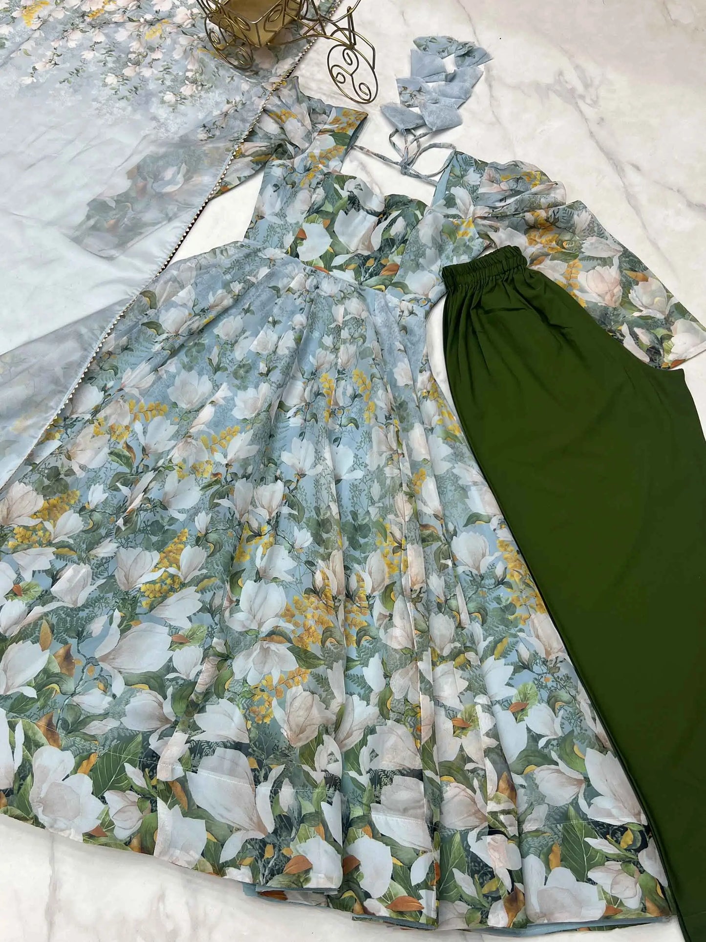 Regent Grey Floral Print Organza Silk Anarkali Gown And Dupatta