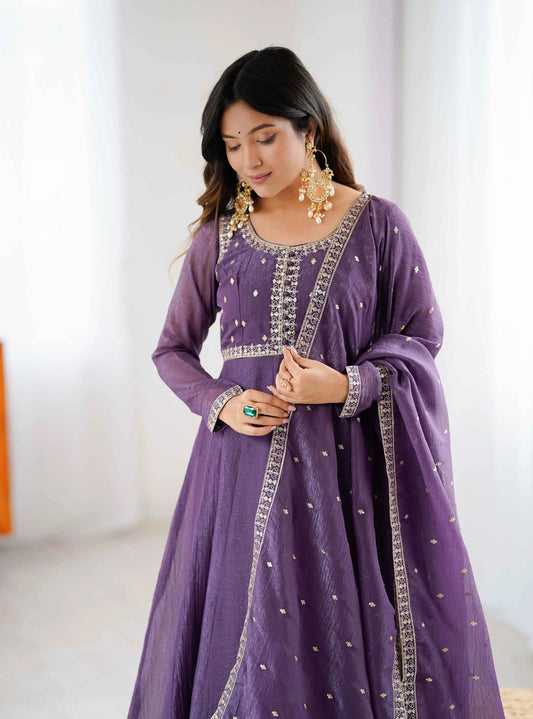 Plum Purple Crunchy Silk Embroidery Gown
