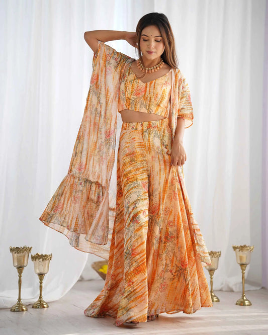 Yellow Georgette Indo Western With Shrug