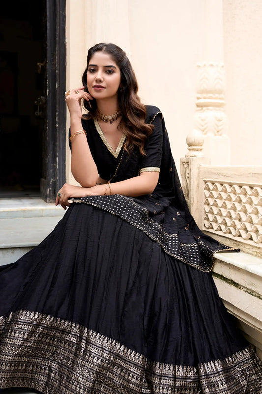 Smoky Black Chanderi Silk Zari Weaving Lehenga Choli
