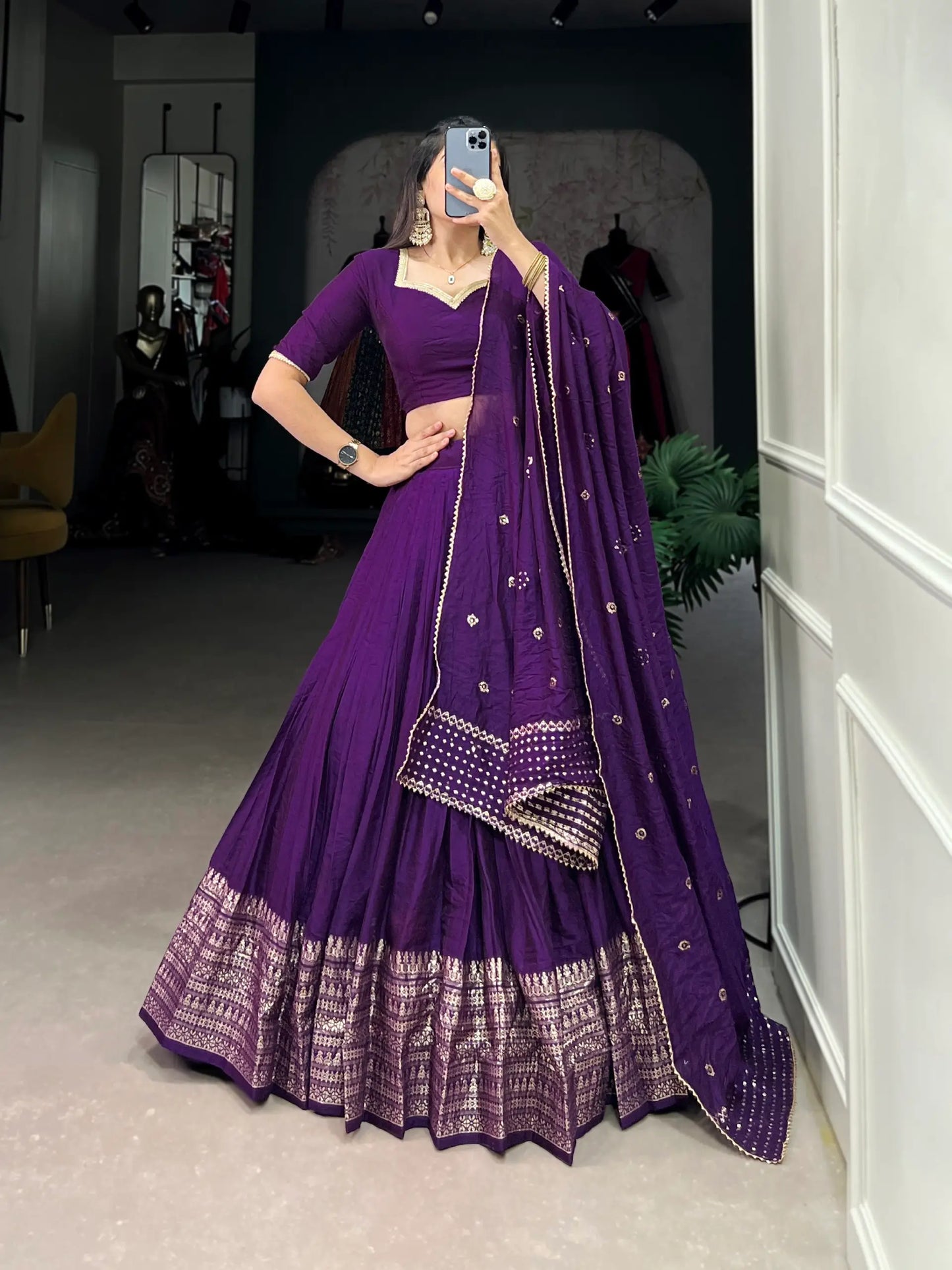 Dark Purple Chanderi Silk Lehenga Choli With Zari Weaving Work