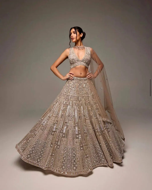 Golden Net Lehenga Choli With Dori, thread & Sequence Embroidery Work