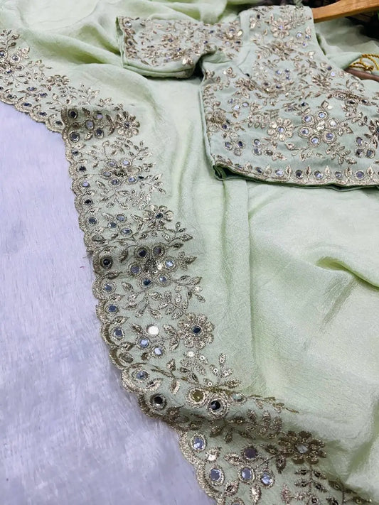 Pista Green Jari Dori And Thread Embroidery Work with Real Mirror Work Saree