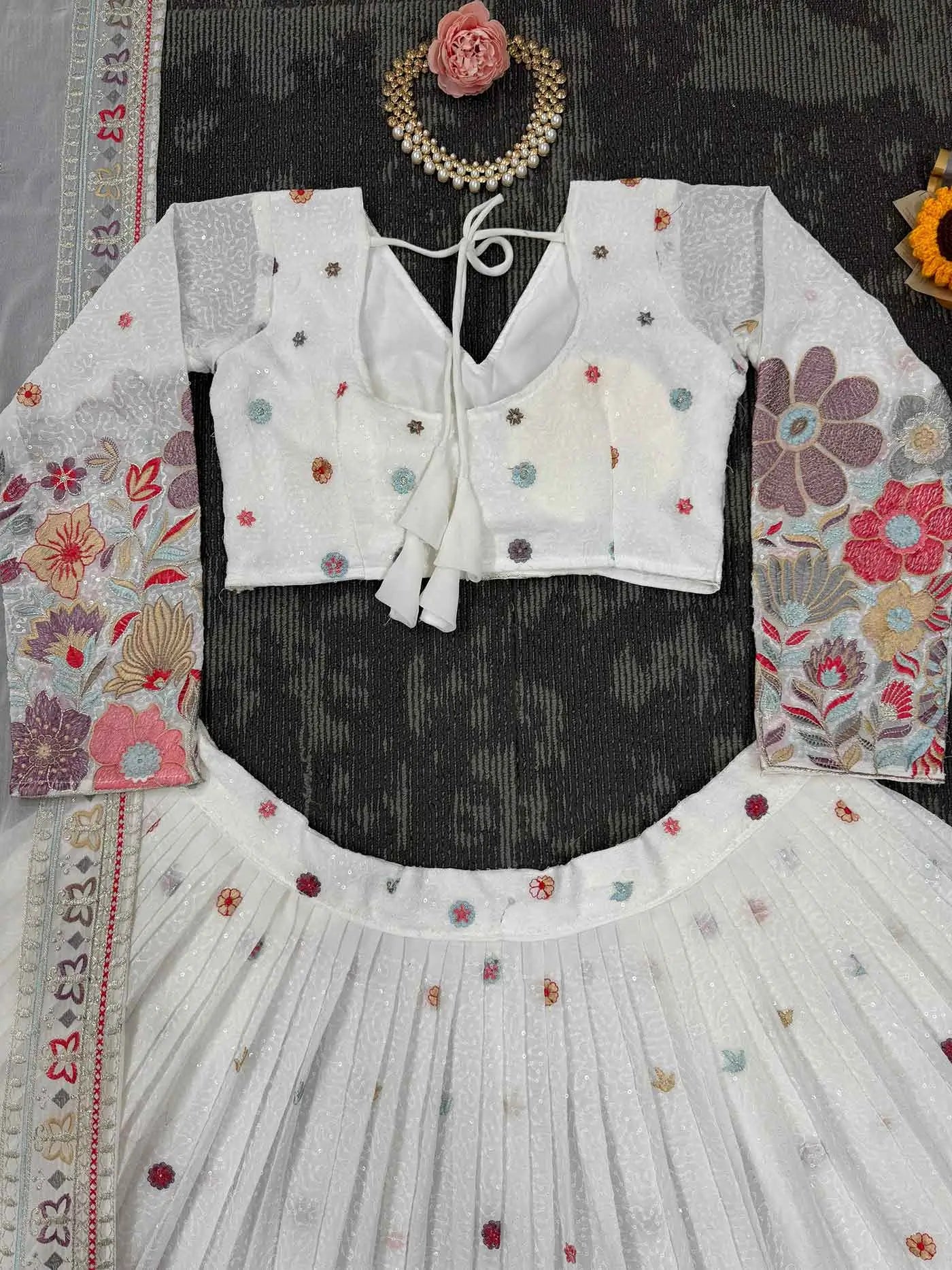 Wonderful White Multi Floral Embroidery Work Lehenga With Dupatta