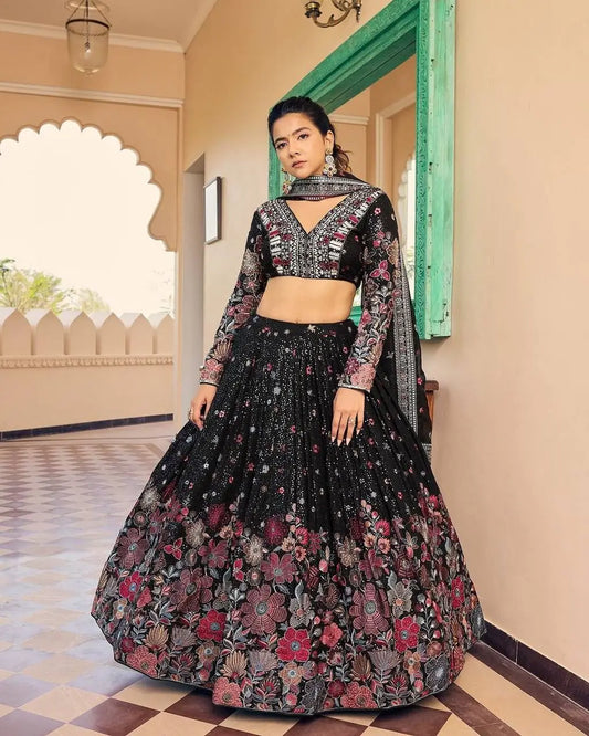 Most Trendy Black Multi Floral Embroidery Work Lehenga With Dupatta