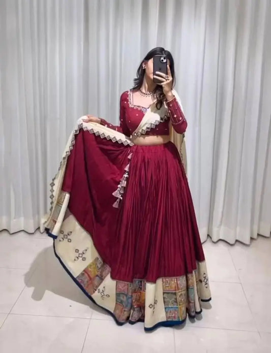 Mulberry Pink Rayon Digital Print With Real Mirror Work Navratri Lehenga