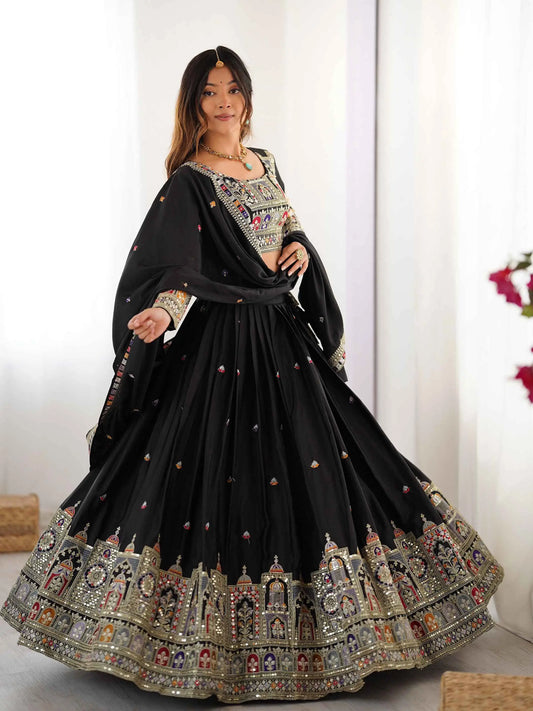 Beautiful Black Cording Dori Embroidery Work Lehenga With Dupatta