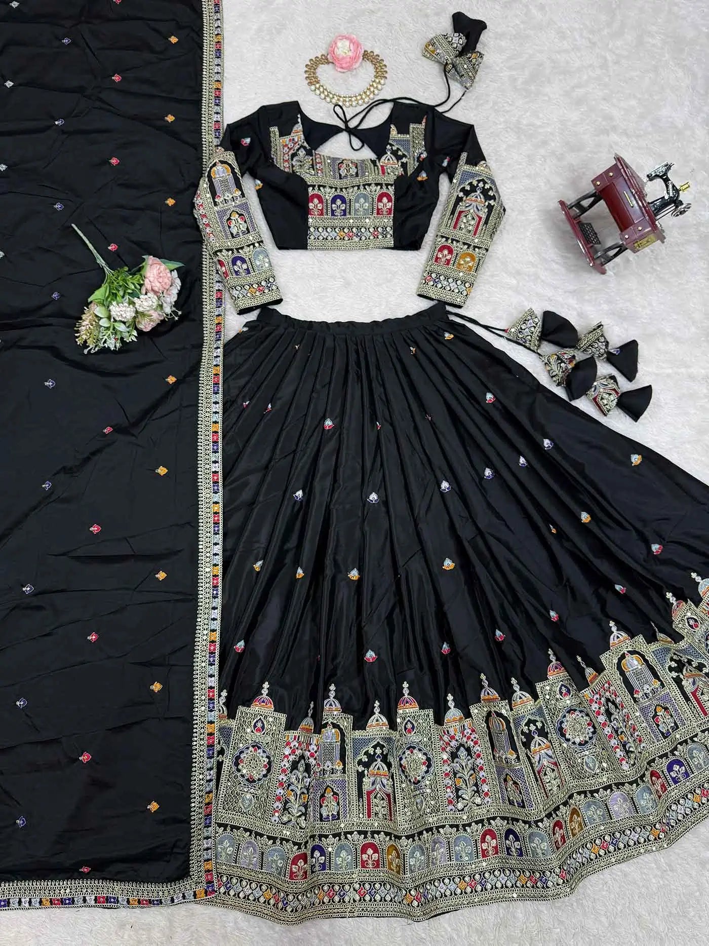 Beautiful Black Cording Dori Embroidery Work Lehenga With Dupatta