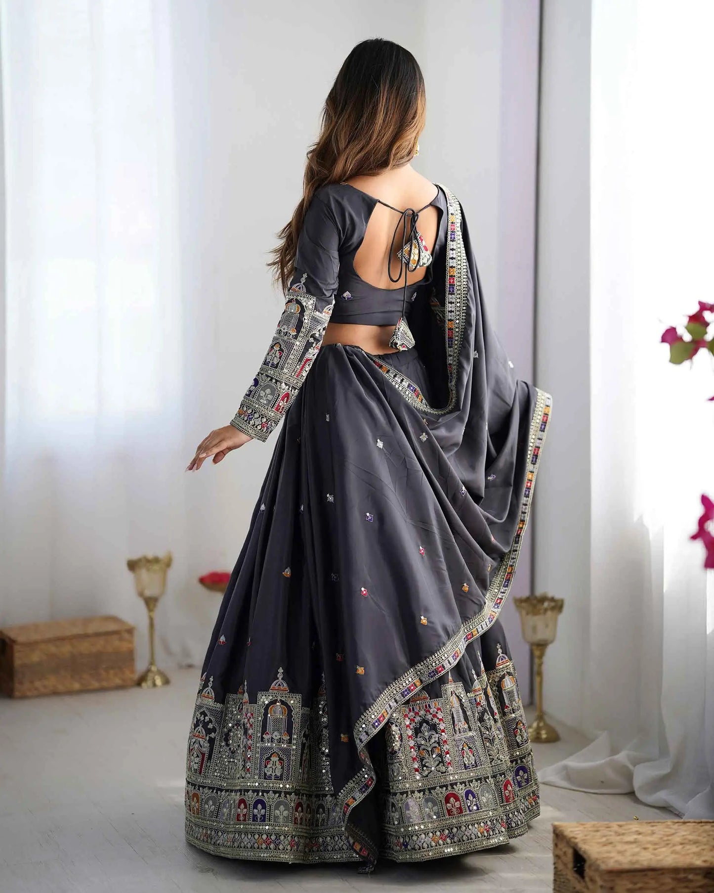 Dark Black Grey Cording Dori Embroidery Work Lehenga With Dupatta