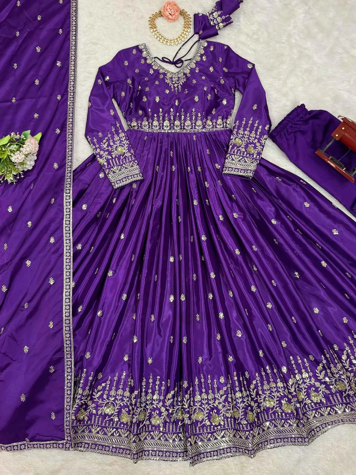 Purple Silk Gown With Sequins Embroidery Work And Dupatta