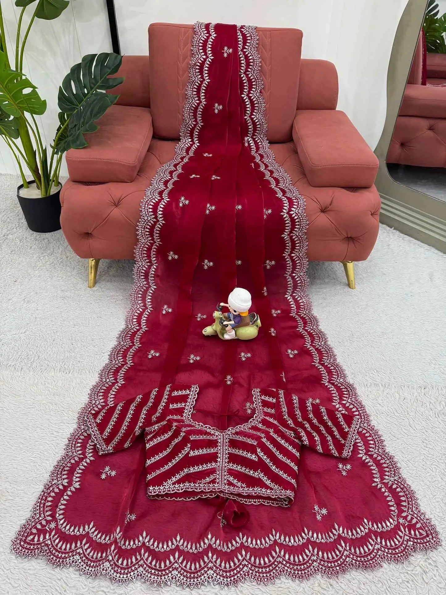 Red Maroon Sequins Embroidery Work Designer Saree