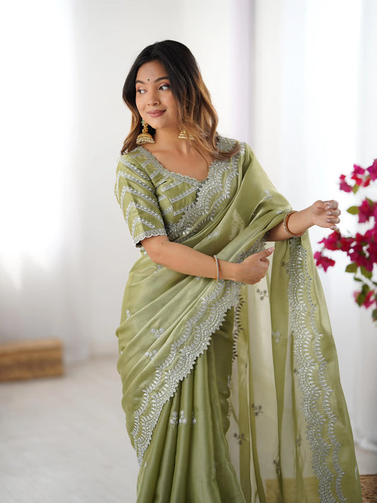 Greyish Olive Green Designer Sequins Embroidery Work Saree