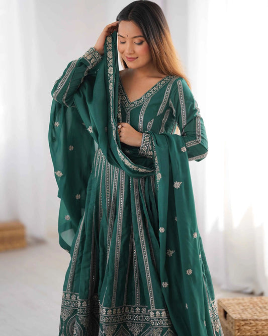 Greenish Blue Georgette Sequins Embroidery Work Gown And Dupatta