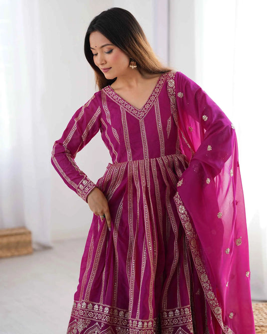 Dark Pink Georgette Sequins Embroidery Work Gown With Dupatta