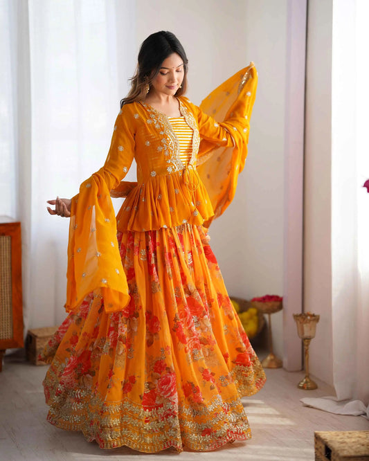 Yellowish Orange Floral print With Embroidery Work Lehenga With Koti