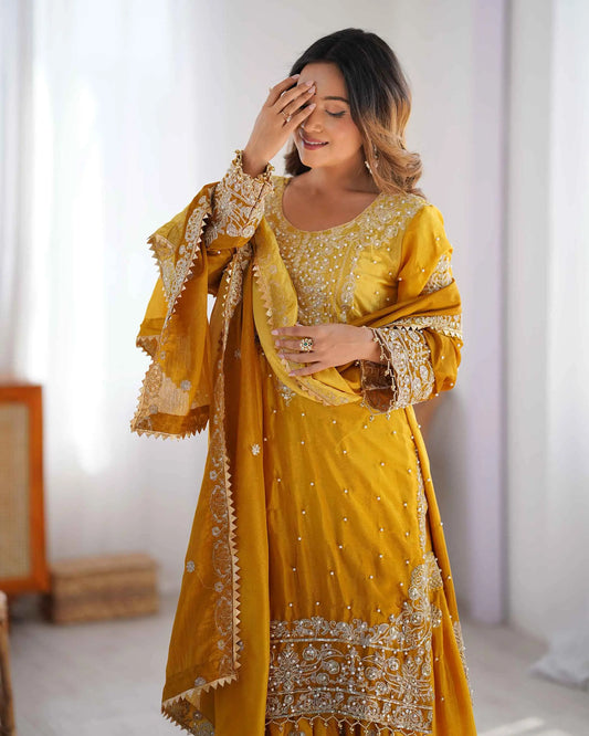 Yellow Cording Sequins Work With Rivet Moti Sharara Set With Dupatta