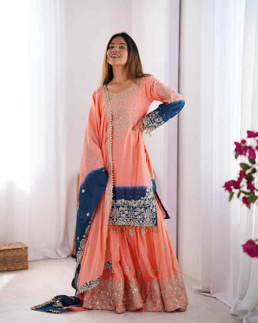 Peach Pink Cording Sequins Work With Rivet Moti Sharara Set With Dupatta