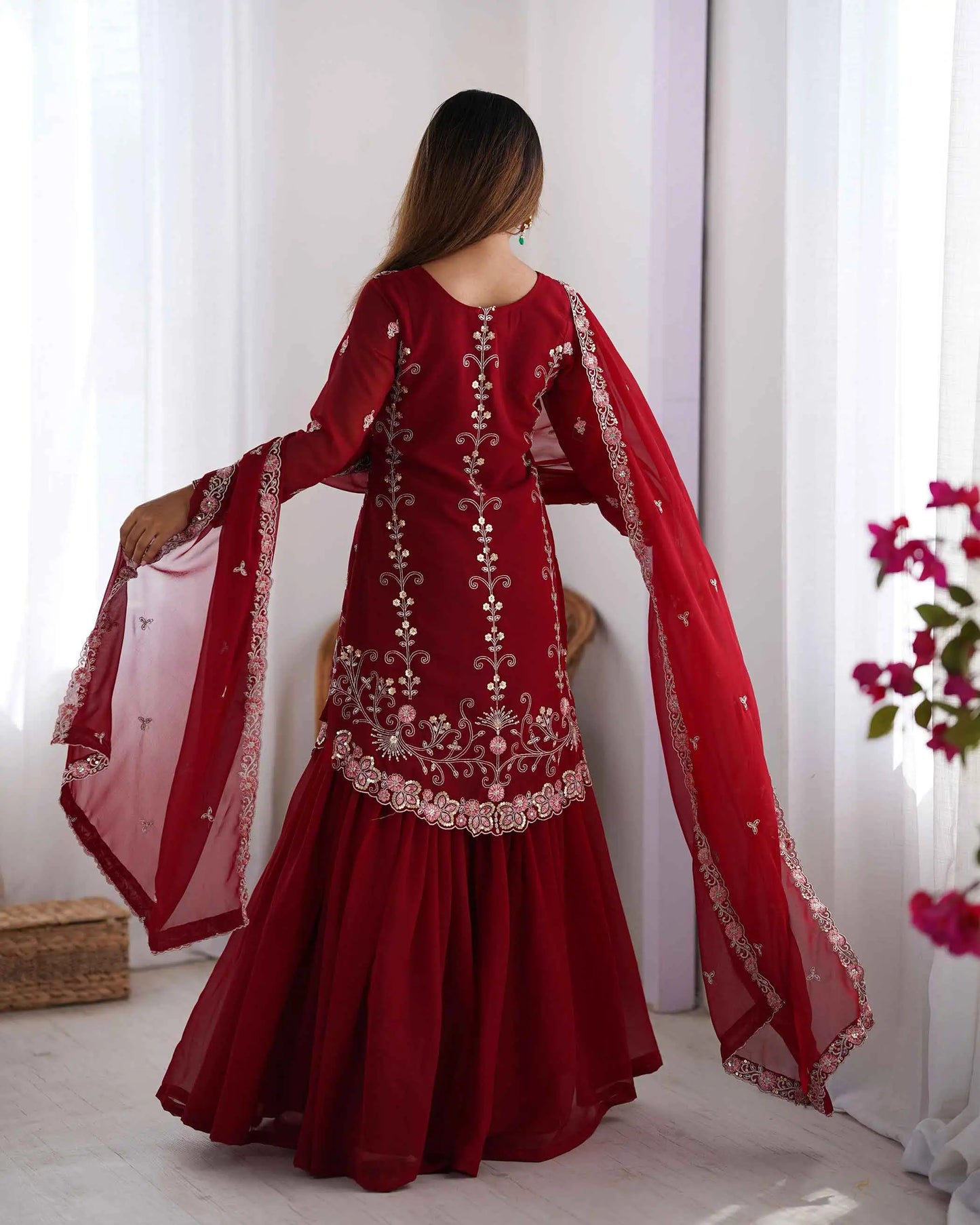 Merlot Red Sequins Embroidery Work Sharara Set With Dupatta
