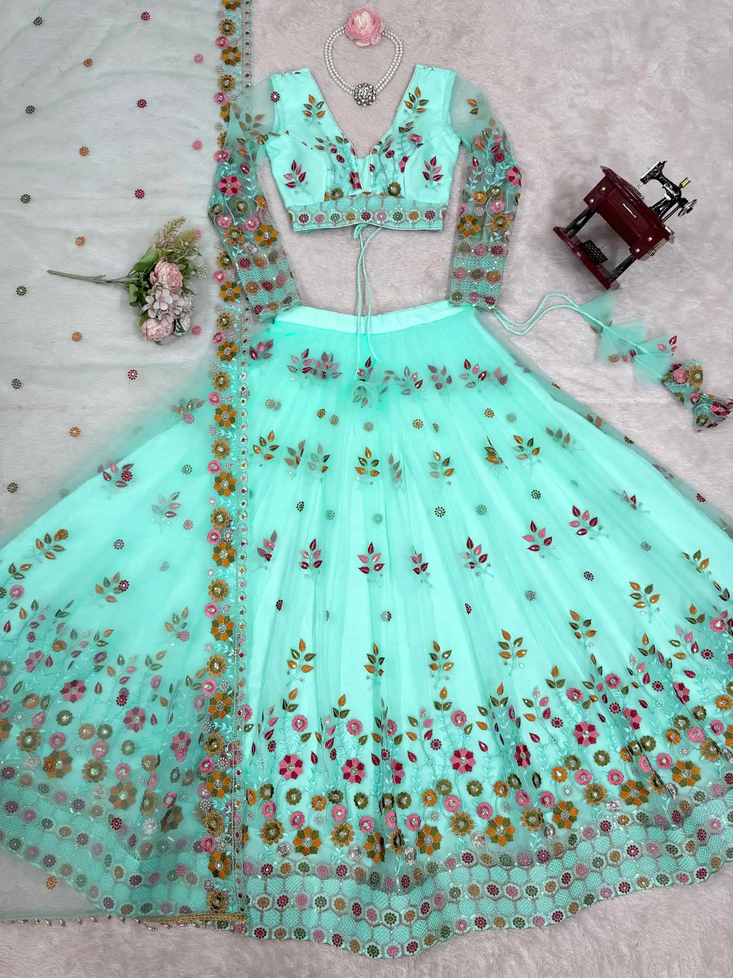Light Cyan Soft Net Lehenga With Thread & Sequins Embroidery Work