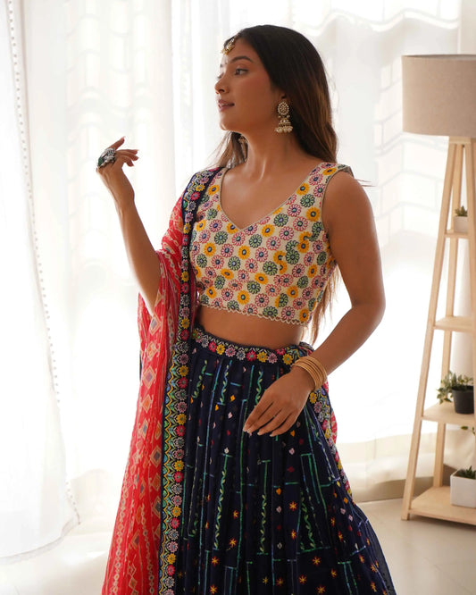 Navy Blue Georgette Thread Embroidery & Sequins Work Lehenga