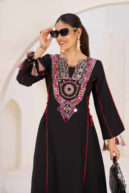 Black Thread Embroidery And Real Mirror Work Rayon Palazzo Set