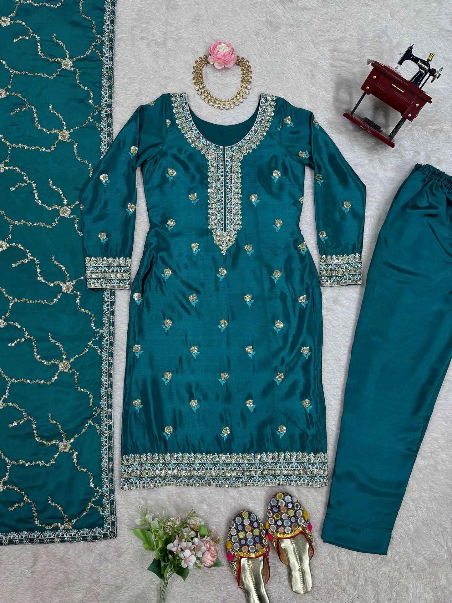 Dark Teal Blue Sequins Embroidery Work Salwar Suit With Dupatta