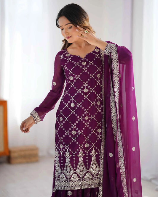 Wine Berry Sequins Embroidery Work Sharara Set With Dupatta