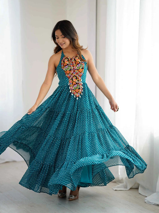 Teal Blue Laheriya Print Chain Stitch Mirror Wok Navratri Gown